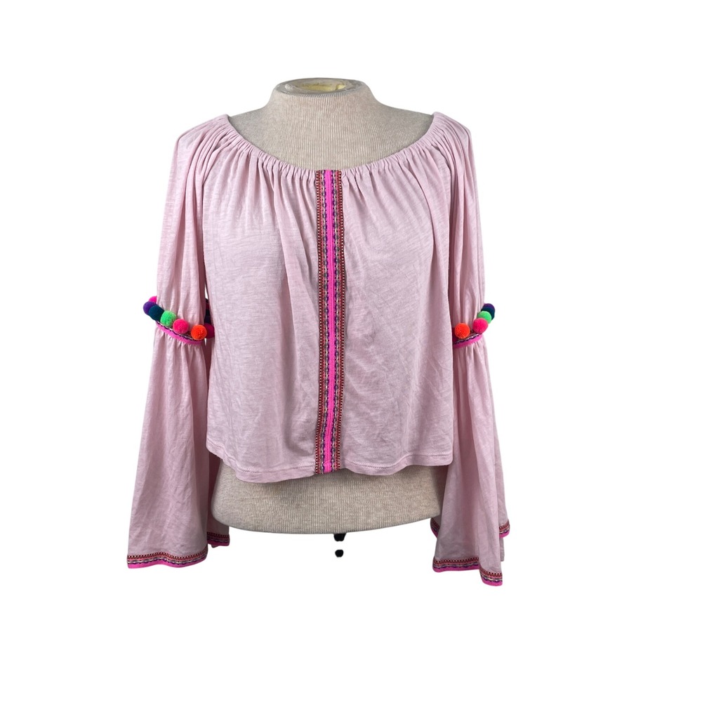 Pitusa Pink Pima Cotton Modal Pom Pom Bell Sleeve Crop Top One Size Peru